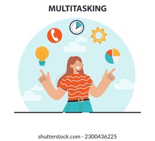 Multitarea. Trabajadoras de oficina eficaces y competentes que se ocupan de varias tareas a la vez. Productividad empresarial, programación y seguimiento de los progresos. Ilustración vectorial plana