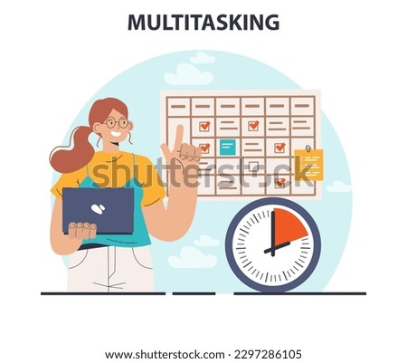 Multitasking. Effective and competent female office worker managing several tasks at once. Business productivity, scheduling and progress tracking. Flat vector illustration