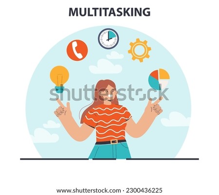 Multitasking. Effective and competent female office worker managing several tasks at once. Business productivity, scheduling and progress tracking. Flat vector illustration