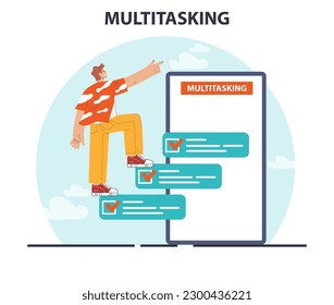 Multitasking. Effective and competent male office worker managing several tasks at once. Business productivity, scheduling and progress tracking. Flat vector illustration