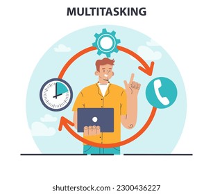 Multitasking. Effective and competent male office worker managing several tasks at once. Business productivity, scheduling and progress tracking. Flat vector illustration