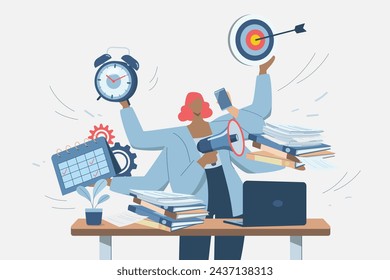 Multitasking und effektives Zeitmanagement, Multitaskkonzept, Geschäftsfrau ist mit vielen Händen im Arbeitsanzug beschäftigt, Vector Design Illustration.