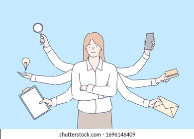 Multitasking, efficiency, overload, professional competence, business concept. Young effective overloaded businesswoman, girl manager leader with many hands. Multitasking. Professional competence.