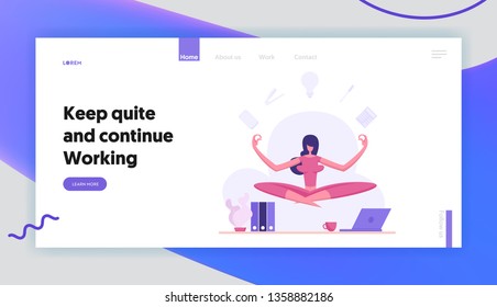 Multitasking Efficient Business Concept with Businesswoman Character and Several Actions Above Head Doing Meditation. Landing Page with Productive Woman for Website, Web Page. Flat Vector Illustration