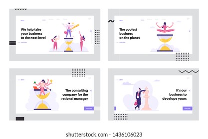 Multitasking Efficient, Business Strategy, Success, Meditation Website Landing Page Set, Time Management, Leadership Metaphor, Strategic Thinking. Web Page. Cartoon Flat Vector Illustration, Banner