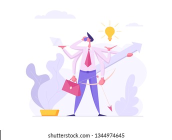 Multitasking Efficient Business Success Concept with Business Character with Six Hands Doing Several Actions. Time Management Banner with Productive Man for Website, Web Page. Flat Vector Illustration