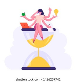 Multitasking Efficient Business Success Concept with Productive Businesswoman Character with Six Hands Doing Several Actions Sitting on Hourglass, Time Management. Cartoon Flat Vector Illustration