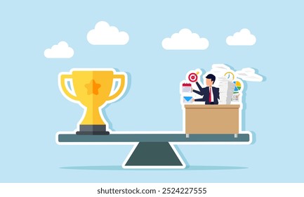 A multitasking employee is on a seesaw with a trophy on the other side, illustrating the recognition given to disciplined and efficient workers.