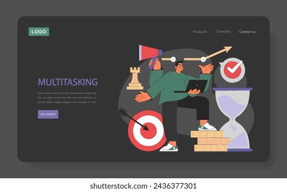 Multitasking. Energetic individual juggling tasks symbolized by chess, megaphone, and hourglass. Highlights efficient time management.