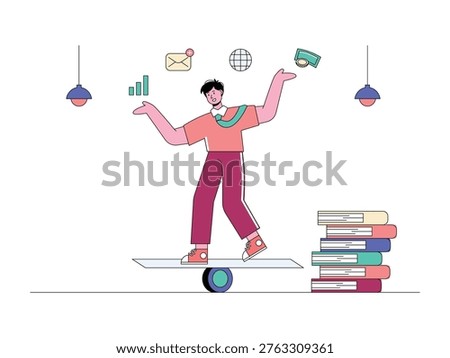 A multitasking entrepreneur standing on a board juggling tasks and information. Character design. Vector flat illustration