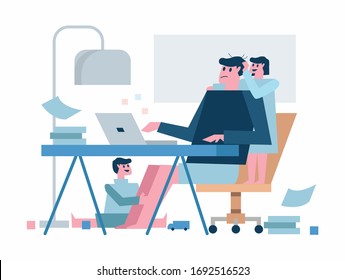 Multitasking Father Working From Home with kids. Home quarantine concept design. vector illustration