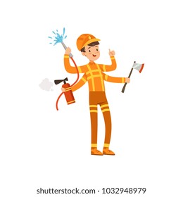 Multitasking firefighter character, male fireman with many hands holding fire fighting equipment vector Illustration on a white background