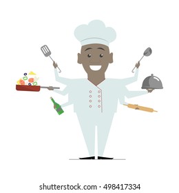 Multitasking flat African American chef. Vector illustration isolated