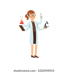 Multitasking Girl Chemist Character, Female Scientist In White Coat With Many Hands Holding Test Flasks And Microscope Vector Illustration On A White Background