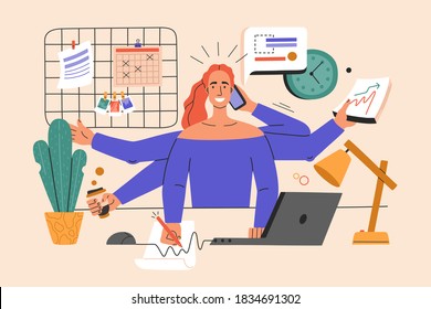 Multitasking girl performs many tasks at the same time. Workplace at home for a freelancer, busy talking on the phone, working on a laptop, drinking coffee and signing papers. Vector illustration.