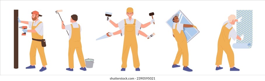 Multitasking handyman cartoon character wearing work overalls uniform isolated set on white