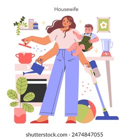 Multitasking Hausfrau Illustration. Eine Frau jongliert in einer häuslichen Umgebung gleichzeitig mit Kochen, Putzen und Kinderbetreuung. Vektorillustration.