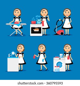 Multitasking housewife Vector illustration. Housekeeper woman ironing, cleaning, cooking and washing