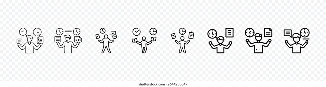 Multitasking Icon – Time Management and Productivity Balance, Icon of a person juggling a clock and a task list, symbolizing multitasking, time management, productivity pressure, daily planning