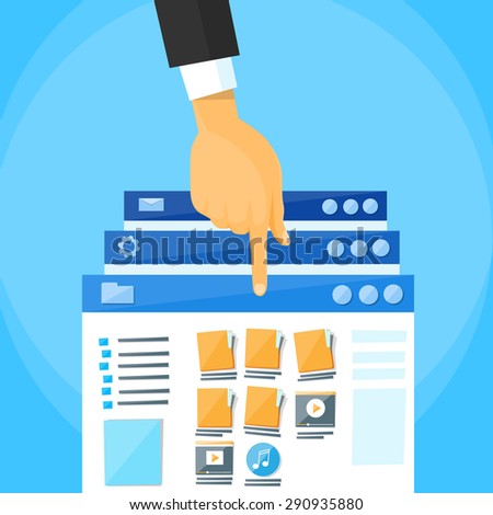 Multitasking Interface Choose Window Hand Finger List Online Folders Cloud Internet Data File Icon Documents Browser Window Vector Illustration