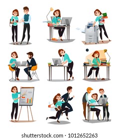 Multitasking isolated icons set with young businesswoman in working process alone and with her employees flat vector illustration