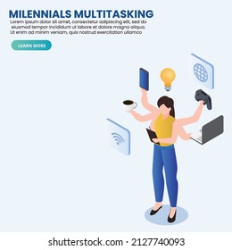 Multitasking isometric 3d vector concept for banner, website, illustration, landing page, flyer, etc.