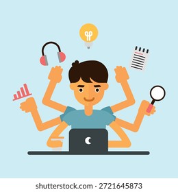 Multitarea de trabajo de escritorio de trabajo Multitarea en dispositivos digitales en entorno de oficina ocupado Ilustración de diseño plano Bueno para Sitio web, aplicación móvil y activo de Diseño gráfico