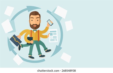 Un trabajo multitarea es un hombre con muchas manos con elementos de planificación exitosos, puede manejar muchos trabajos de papel.Concepto de gestión del tiempo.   Un estilo contemporáneo con una paleta pastel y tonos azules
