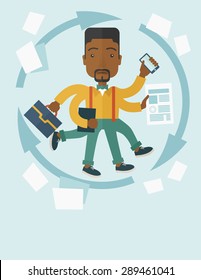 Un trabajo multitarea es un hombre con muchas manos con elementos de planificación exitosos, puede manejar muchos trabajos de papel. Concepto de gestión del tiempo. Un estilo contemporáneo con una paleta pastel y tonos azules