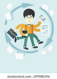 A multitasking job is a man with many hands with successful planning elements, can handle many paper works. Time management concept. A Contemporary style with pastel palette, soft blue tinted