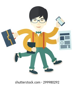 A multitasking job is a man with many hands with successful planning elements, can handle many paper works. Time management concept. A Contemporary style. Vector flat design illustration with isolated