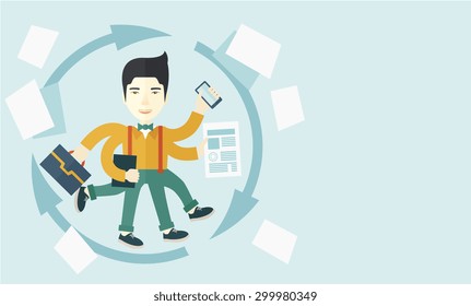 A multitasking job is a man with many hands with successful planning elements, can handle many paper works. Time management concept. A Contemporary style with pastel palette, soft blue tinted