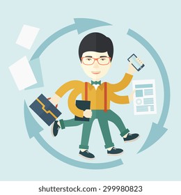 A multitasking job is a man with many hands with successful planning elements, can handle many paper works. Time management concept. A Contemporary style with pastel palette, soft blue tinted