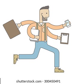 A multitasking job is a man with many hands with successful planning elements, can handle many paper works. Time management concept. A Contemporary style. Vector flat design illustration isolated