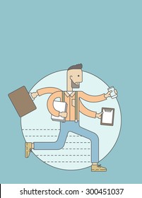 A multitasking job is a man with many hands with successful planning elements, can handle many paper works. Time management concept. A Contemporary style with pastel palette, blue tinted background