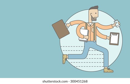 A multitasking job is a man with many hands with successful planning elements, can handle many paper works. Time management concept. A Contemporary style with pastel palette, blue tinted background