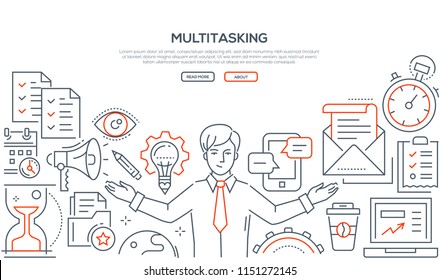 Multitasking - line design style illustration on white background with place for your text. Banner with a businessman, megaphone, lightbulb, check lists, mail, timer, hourglass, smartphone, coffee cup