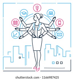 Multitasking - line design style illustration on white urban background. Metaphorical image of a businesswoman juggling with tasks. Education, mailing, timetable, computer, smartphone, infographics