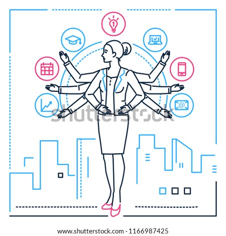 Multitasking - line design style illustration on white urban background. Metaphorical image of a businesswoman juggling with tasks. Education, mailing, timetable, computer, smartphone, infographics