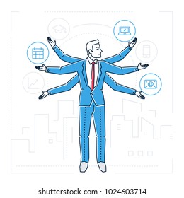 Multitasking - line design style isolated illustration on white background. Metaphorical image of a businessman juggling with tasks. Education, mailing, timetable, computer, smartphone, infographics