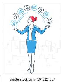 Multitasking - line design style isolated illustration on white background. An image of a businesswoman with a set of business icons. Contacts, mailing, timetable, startup, diagram, woman, girl