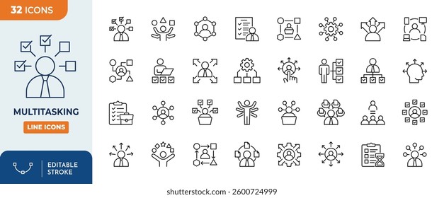 Multitasking line editable icon set. Editable stroke. Vector illustration