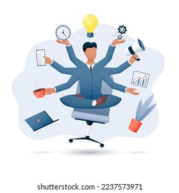 Multitasking man businessman. Levitates many-armed in the lotus position. Solving a large number of problems.