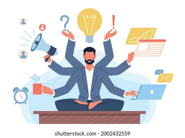 Multitasking man. Businessman with many hands in lotus position solves tasks at same time. Manager yoga zen. Productive work process. Effective management. Vector workaholic concept
