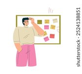 Multitasking Man Character Doing Multiple Task Look at Board with Sticker Vector Illustration