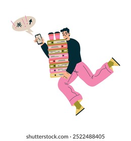 Multitasking Man Character Doing Multiple Task Carry Pile of Folder with Coffee Vector Illustration