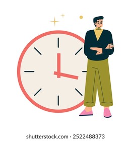 Multi-tarefa Man Character Stand at Clock Dial Vetor Illustration