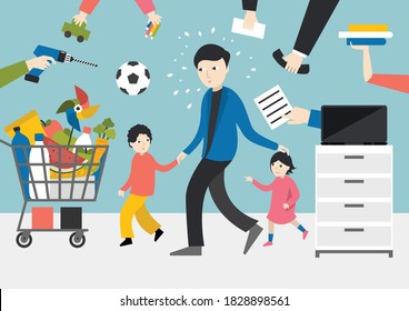 Multitasking man. Father, Businessman with children, working, shopping and playing with kids.