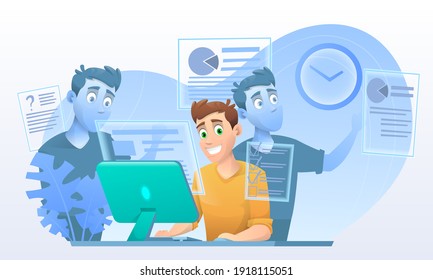 Multitasking man. The guy at the computer works performs many tasks at the same time. Business man in cartoon style. Vector illustration