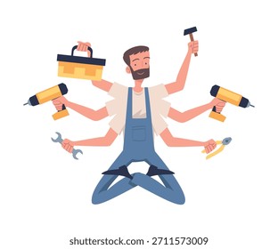 Personaje de Handyman de hombre multitarea con muchas manos Ilustración vectorial